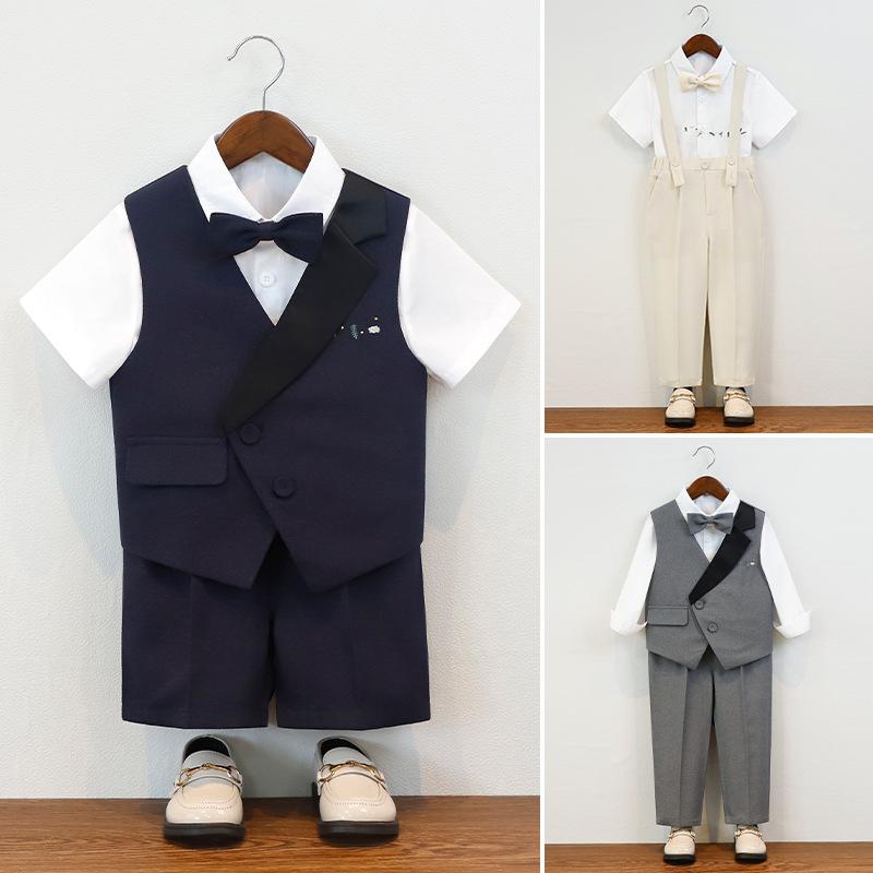 子供服 男の子 西装 セット メンズ風 フォーマル 礼服 3～8歳 米色 グレー ネイビー 長袖 短袖 シャツ マウンテン ロングパンツ ショートパンツ ベスト タイ バックル 春夏 秋 普通厚 ポリエステル 混紡 酵素洗い シングルブレスト ノーカラー