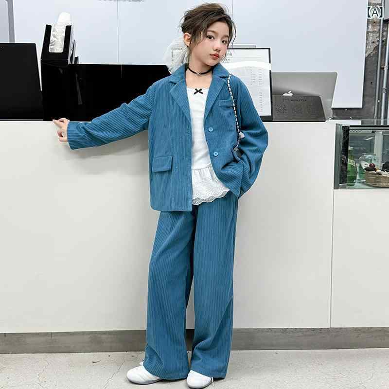 キッズ 女の子 春 長袖 スーツ セット 2点組 灯芯絨 ポリエステル 柔らか素材 単色 長ズボン 単排ボタン ブルー ピンク かわいい 洋気 時髦 休? 韓国風 ジャケット パンツ 組み合わせ 学校用 普段使い 軽量 伸縮性 普通厚 120cm 130