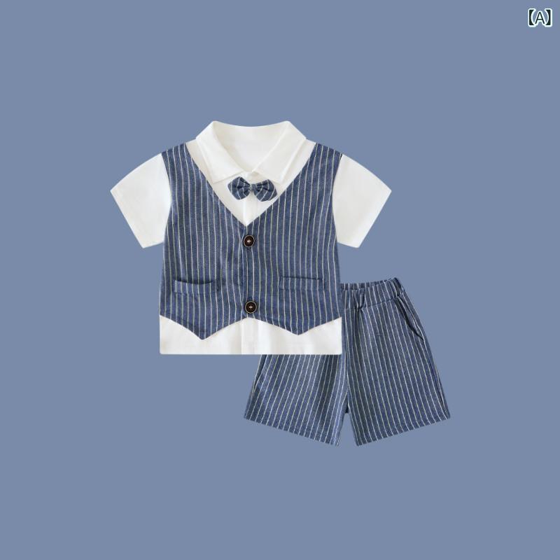 男の子 キッズ 夏 セットアップ 2点 セット 礼服 条紋 紳士風 トップス 短袖 シャツ ショートパンツ コットン 柔らかい 薄手 ピッタリ フィット 身長80cm 90cm 100cm 110cm 英倫スタイル 蝶ネクタイ カラーブロック トレンド
