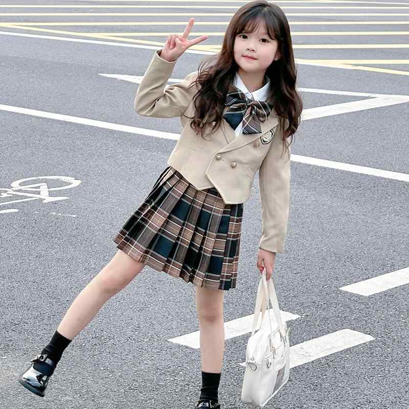 女の子 JK風 制服 スカート セット 長袖 トップス 百褶スカート 西装ジャケット 綿混 ポリエステル 素材 春秋 シーズン 普通厚 休? カジュアル スタイル かわいい 学院風 子供服 中小童 3-8歳 100-140cm 対応 ベージュ系 カラーバ