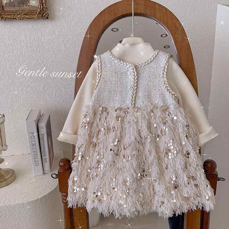 女児 秋冬 スカートセット プリンセス ロングスリーブ コットン ミックス セットアップ かわいい デザイン 暖か 加厚 インナー トップス レイヤード スタイル 純色 米白 色 子供服 3 ～ 8 歳 対応 90 ～ 140 cm 適合 柔らかい 素材