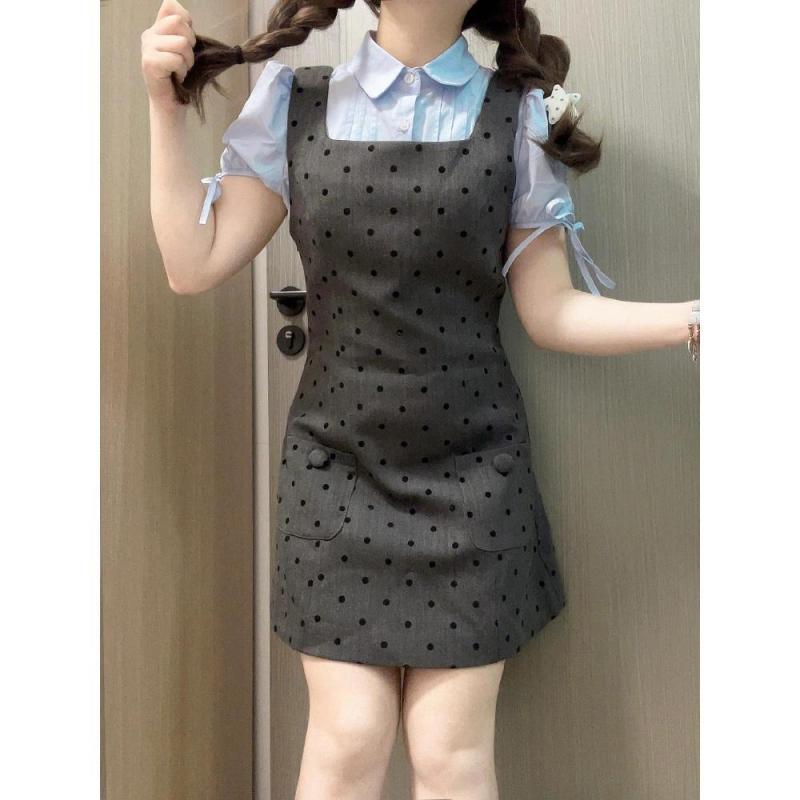 ワンピース 女性用 春夏 ポロカラー 短袖 切り替え ポルカドット 吊り下げ フレンチスタイル 学院風 セットアップ 短丈 綿混紡 ??素材 軽量 伸縮性 日韓カジュアル 日常使い かわいい ビッグシルエット ハイウエスト ブラック ピンク系 アイボリー