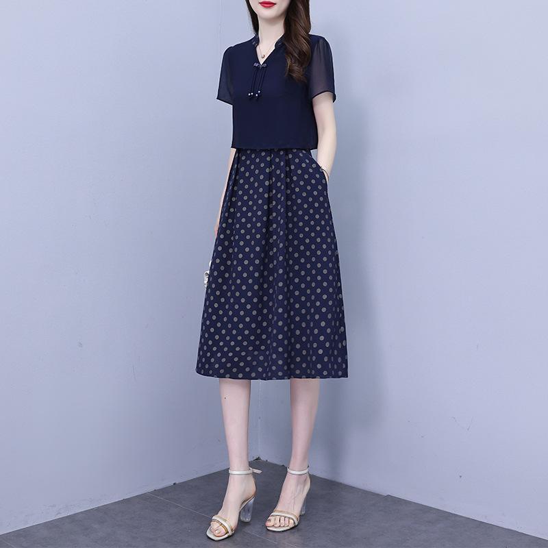ワンピース 女性用 夏 春夏 新中式 デザイン 偽2点セット デザイン 腹部カバー スリム 効果 母親向け スタイリッシュ ポリドット Aライン 中長丈 スタンドカラー 短袖 ハイウエスト 天竺 桑蚕? 50% 以上 接触冷感 免? 処理 盤ボタン プリ 10,104円