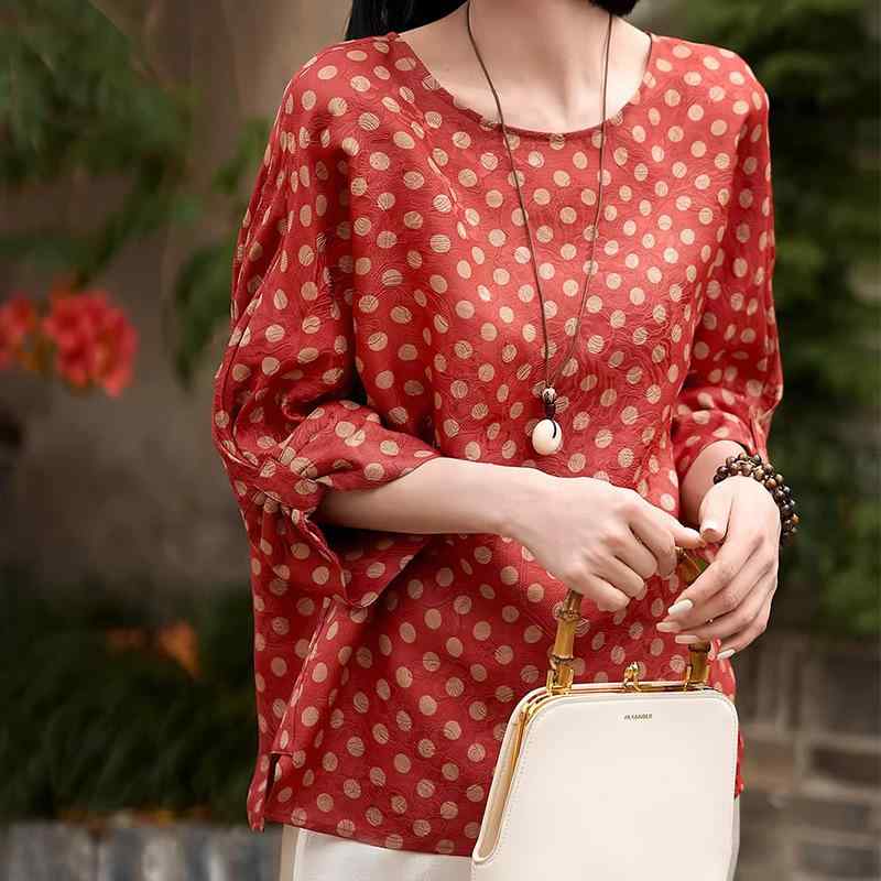 Tシャツ レディース 女性用 トップス 真? 桑蚕? 粘・屬繊維 波点柄 花柄 提花 切り替えデザイン 接触冷感 吸湿速乾 気質 通勤スタイル 普段使い 夏用 春夏 季節 軽量 伸縮性 爽やか 素材 再生繊維 中袖 丸首 ゆったりシルエット 普通丈 ブラウ