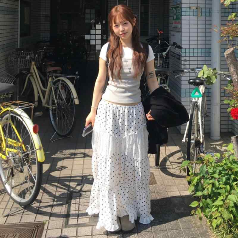スカート 女性用 夏 かわいい 半身スカート 波点柄 切り替えデザイン 荷叶? フレア ロング丈 Aライン 白色 接触冷感 伸縮性 軽量 通勤 普段使い デート 爽やか 甘め カジュアル トップス 合わせ コーディネート フレッシュ