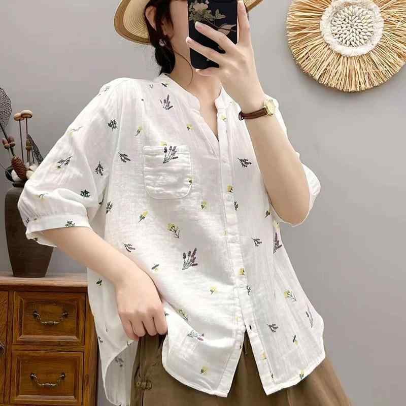 Tシャツ 女性用 夏 春夏 綿混 接触冷感 フラワー柄 ドット柄 緑葉柄 麦穗柄 ルーズフィット 中袖 ラウンドネック ポケット付き 復古スタイル カジュアル トップス 軽量 吸湿速乾 かわいい 普段使い 通勤対応 ブラウス シャツ