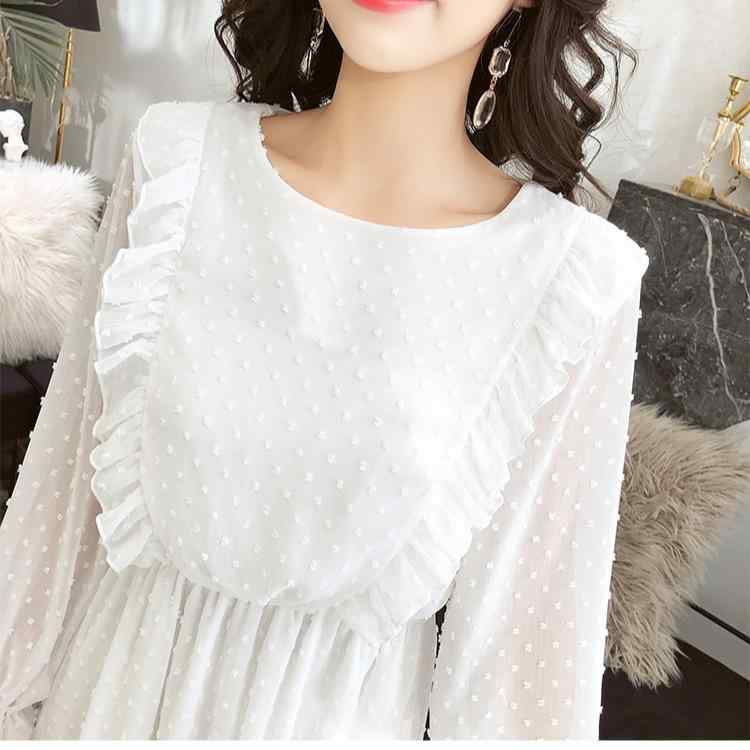 ワンピース レディース 春夏 白色 ドット柄 長袖 シフォン 素材 修身 Aライン 中長丈 スカート ラウンドネック ランタンスリーブ 松腰 フリル デザイン ポリエステル 繊維 甘め スタイル 清新 かわいい 気質 優雅 シングルピース セットアップ