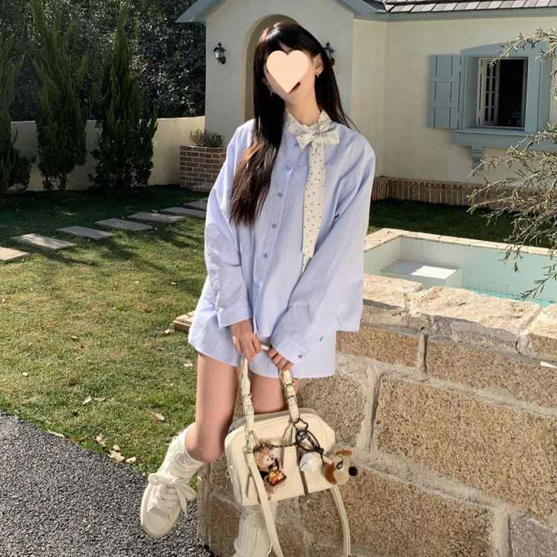 トップス セットアップ 女性用 長袖 ブルー ストライプ 波点 領口 蝶結 デザイン 気質 通勤 都市風 セット スカート 組み合わせ 軽やか 素材 吸湿速乾 快適 普段使い