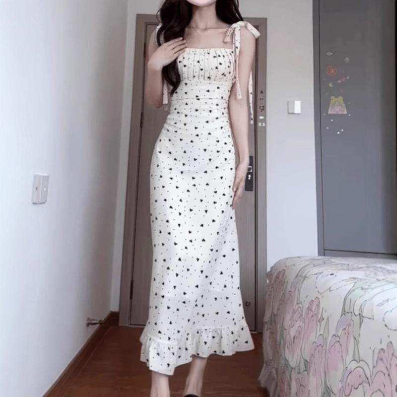 ワンピース 女性用 夏 吊り紐 中長丈 高腰 ポルカドット 白色 切り替え 不規則 デザイン 気質 通勤 スタイル 基本款 無袖 無領 セットアップ 単品 ?綿 ポリエステル 軽量 吸湿速乾 米白 カジュアル 普段使い かわいい シルエット