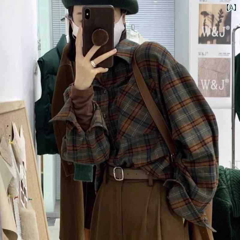 シャツ レディース 長袖 格子柄 復古風 イン アウター レイヤード トップス 切り替え デザイン ポリエステル 再生繊維 フランネル加工 ノンアイロン ゆったりシルエット スタンダード丈 ラペルカラー ボタン イン グリーン イエロー 秋冬 通勤 普段