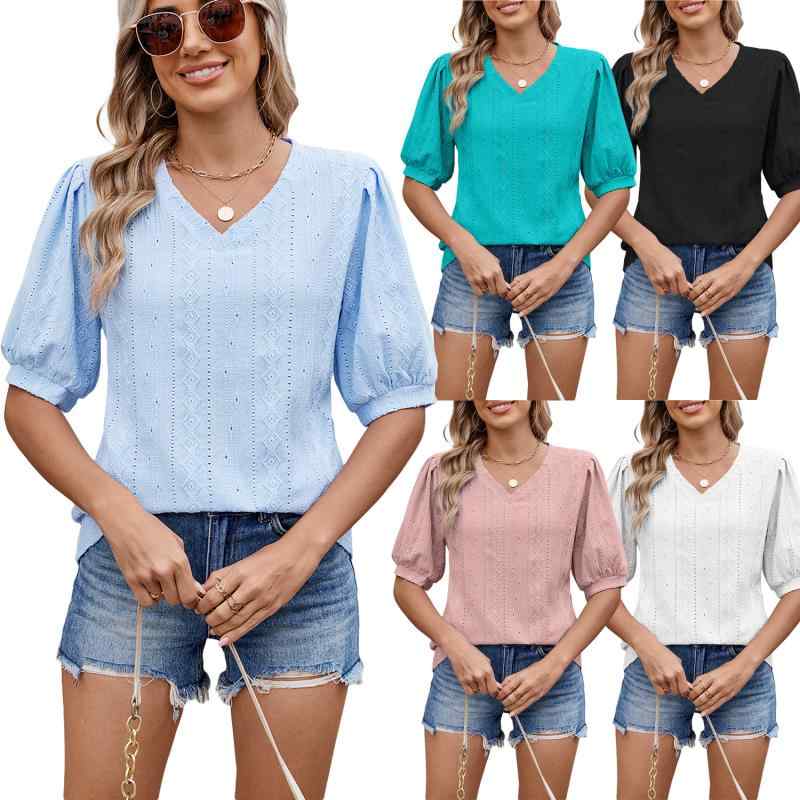 Tシャツ レディース 春夏 純色 Vネック 短袖 トップス 泡泡袖 中長丈 針織 提花 人綿 混 ポリエステル 気質 通勤 スタイル 白色 黒 ピンク マカロンカラー 孔雀緑 浅い青 気質 優雅 欧美風