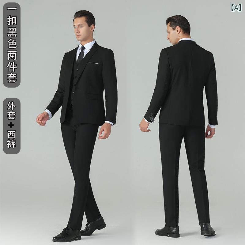 メンズ 西装 ブラック スーツ セット ジャケット パンツ 2点セット 修身型 軽ビジネス 醋酸繊維 ビジネス フォーマル 通勤用 四季対応 シングルブレスト フラットカラー ボタン装飾 スリムフィット クラシックスタイル 仕事着 セットアップ ダークカ