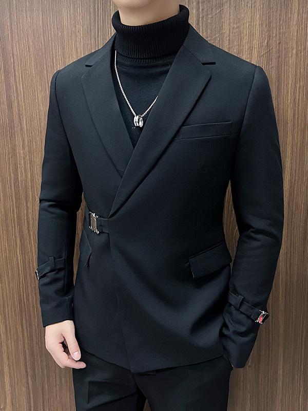 メンズ 西装 ジャケット 修身型 スーツ 上衣 長袖 韓版 純色 白色 ブラック 春季 化繊混紡 ポリエステル 色牢度高 青年 男性用 ビジネスカジュアル 軽量 気質 直下? シングルブレスト ボタン飾り サイドスリット ポケット付き 普段使い 通勤 フ