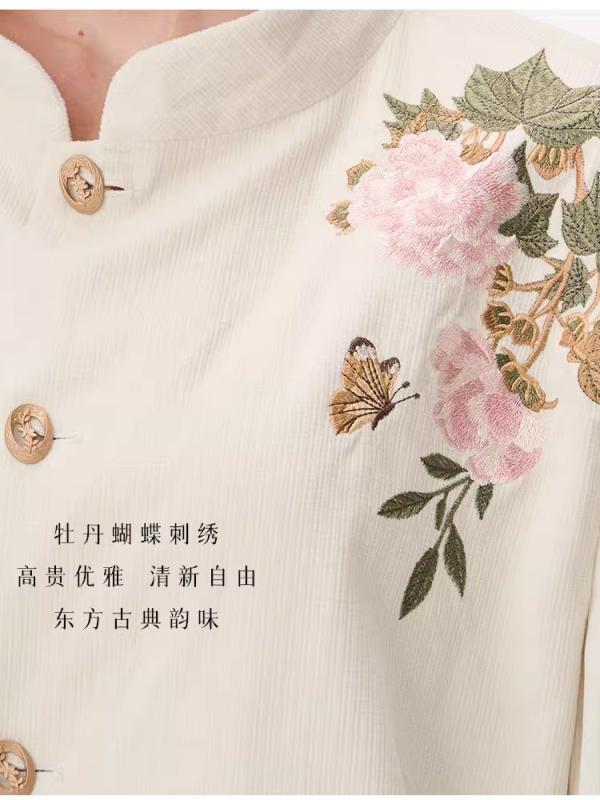 チャイナドレス メンズ レディース スーツ 礼服 刺繍 金属ボタン 化粧品混紡 麻 立領 後中開・楷 スリムフィット 春 黒 白 ビジネス 紳士 通勤 結婚式 セット 外套 パンツ シャツ フォーマル ウエディング 伝統 モダン スタンドカラー シングルブ