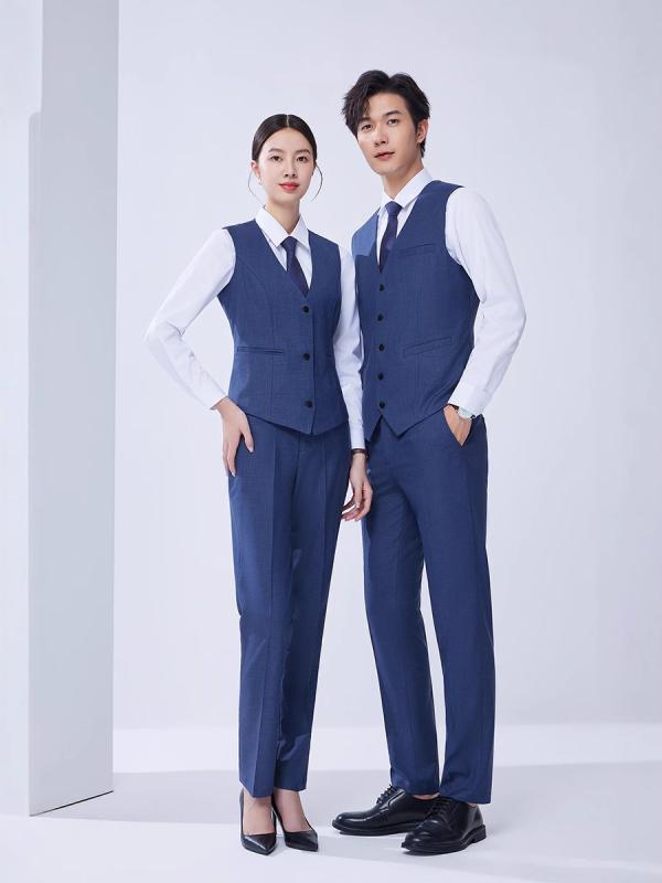 ビジネススーツ ユニセックス 霧霾ブルー メンズ レディース 修身型 ビジネスウェア 上班服 4S店販売用 ジャケット ズボン スカート セット 平?領 シングルブレスト ツーボタン 粘合ライニング ・委毛素材 粘繊18.1% 免?抗? 吸汗透気 軽量 ビ