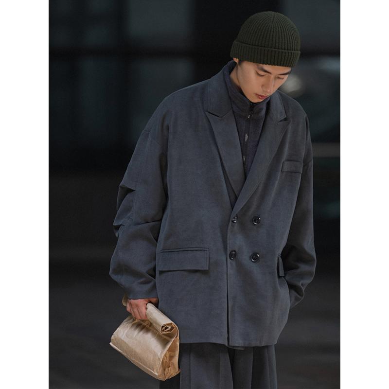 メンズ 秋季 スーツ ジャケット ゆったり デザイン フランネル 風触感 ダブルブレスト ロングスリーブ ノータック フラップポケット ストレートヘム ポリエステル混紡 イージーケア グレー カフェオレ ゆったりフィット ビジネスカジュアル 秋冬 通勤 ｜LiLishop6