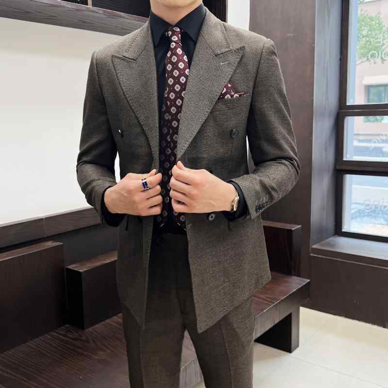 メンズ スーツ セット 秋冬 ビジネス 礼服 西装 ??領 双排扣 千鳥格 子柄 ジャケット トラウザーズ 修身型 厚手 綿混紡 醋酸繊維 軽ビジネス カードガン グレー ブルー フォーマル セレモニー ウエディング タキシード イブニングウェア タック