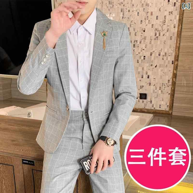 メンズ 西装セット ジャケット スラックス ポロシャツ セット 男性用 英国風 結婚式 礼服 新郎 青年 ビジネス カジュアル 格子柄 通勤風 醋酸繊維 コットン 混紡 ワイドフィット 中厚 通年使用 グレー ブラック ピンク イエロー ブルー ホワイト
