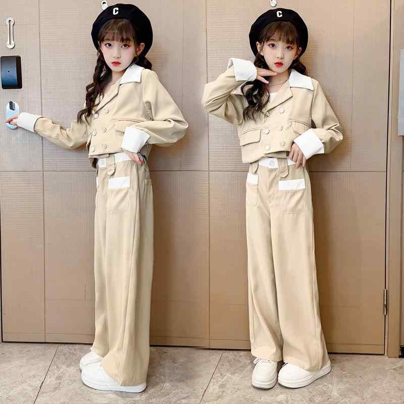 女児 服 セット 秋冬 長袖 開衫 ピンストライプ 切り替え 長ズボン ワイドレッグ 学院風 港風 スタイル 女の子 服 トップス ボトムス 2点セット コットン調 ポリエステル 生地 普通厚み 単排ボタン 閉じ カーキ 色 通学 用 普段使い 伸縮 性