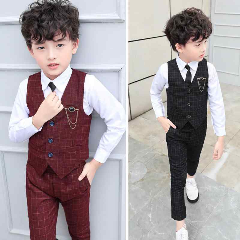 キッズ 男の子 秋冬 スーツ セット 格子柄 礼服 ウエストコート 長袖 シャツ 長ズボン コットン 混紡 柔らかい 素材 普通厚 単排ボタン 黒 酒赤 紺 色 演出 フォーマル 3-8歳 100-140cm 通学 結婚式 普段使い スタイリッシュ 韓風