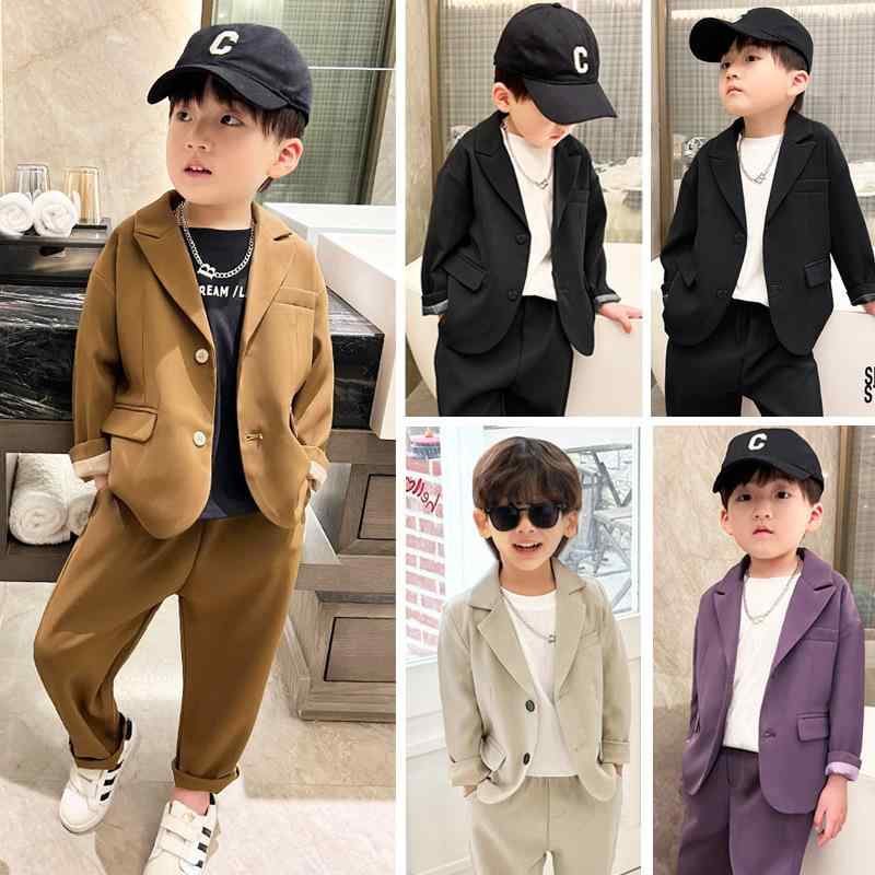 子供服 男の子 西装セット フォーマルスーツ 英倫スタイル 長袖 短丈 黒 茶色 カーキ 紫 柔軟ポリエステル 綿混 単排ボタン 春秋 3-8歳 100-140cm スタイリッシュ 子供パンツ トップス ボトムス セットアップ フォーマルウェア キッズス