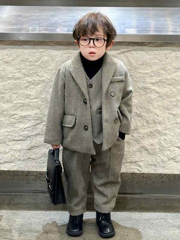 キッズ 男の子 ウール混 コーデュロイ ジャケット ロングパンツ セット 長袖 フード付き 秋冬 保暖 柔軟 普通厚 ストライプ柄 シングルブレスト ブラウン 中小童 親子コーデ ストライプ 長袖 柔らかい素材 暖かみ 通学 日常 秋 ウール ブレンド