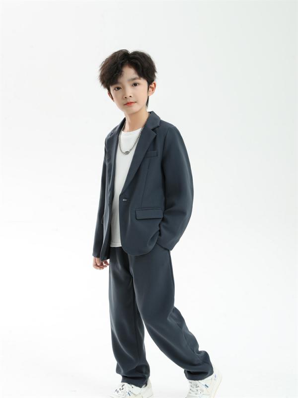 男児 西装 セット スーツ 男童 子供服 春秋 長袖 長ズボン 化繊 ポリエステル 柔軟素材 単色 霧霾ブルー ブラック 英倫風 潮范 スタイリッシュ セットアップ トップス パンツ 組み合わせ 普段使い 学校行事 フォーマル カジュアル