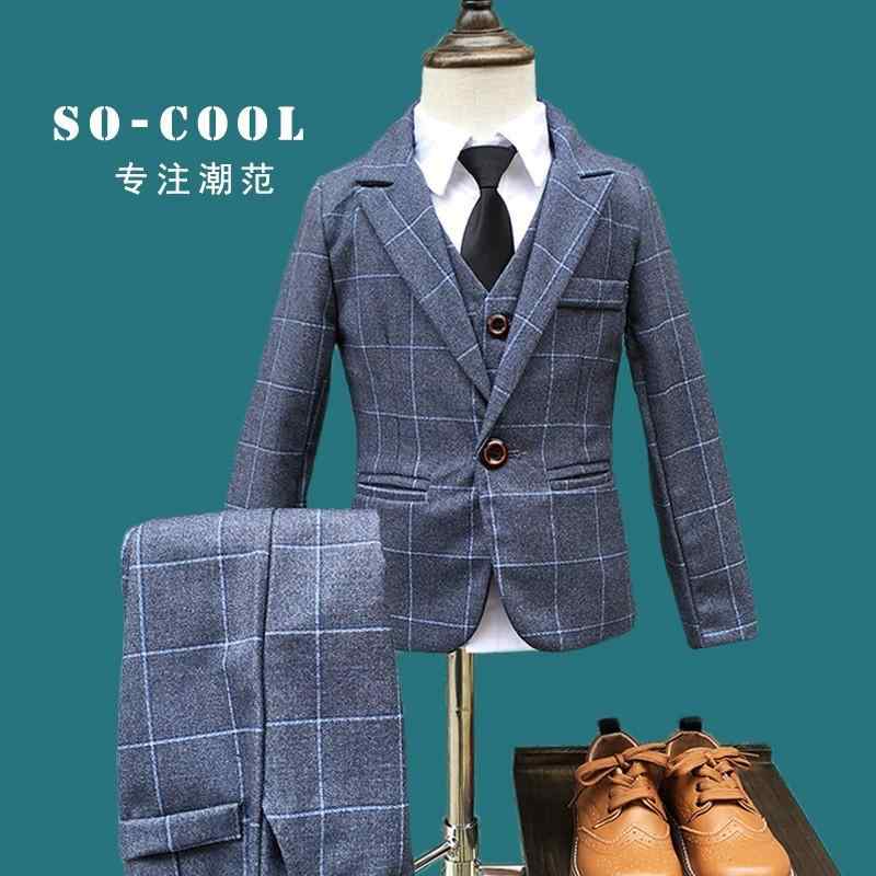 キッズ 男の子 西装 セット 3点組 春夏 秋冬 長袖 格子柄 綿素材 コットン 85% フォーマル 礼服 スーツ ジャケット ベスト パンツ 長袖シャツ ネクタイ ボウタイ ネイビー グレー ワインレッド 普通厚 潮ファッション 英倫風 ハンガリー か