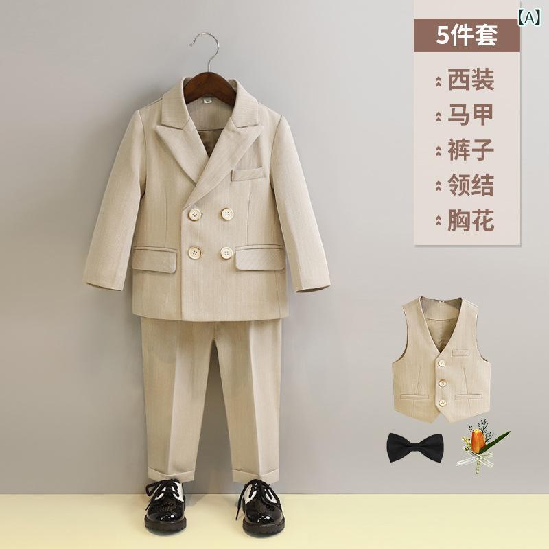 男の子 スーツ セット 礼服 フォーマル 子供用 3～8歳 英倫スタイル 長袖 西装領 ダブルブレスト ベージュ グレー 米色 灰色 純色 柔軟 酵素洗 ポリエステル ビスコース セットアップ ジャケット ベスト トラウザーズ シャツ ボウタイ 胸花 演