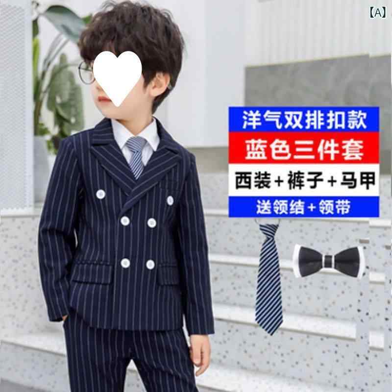 男の子 西装 セット 3点 礼服 春秋 英倫スタイル 条紋柄 ダブルブレスト ジャケット ベスト パンツ ポリエステル 素材 吸湿速乾 軽量 通学 フォーマル 普段使い ブルー グレー 8歳以上 中大児童 かわいい かっこいい 子供服 ジャケット トップ