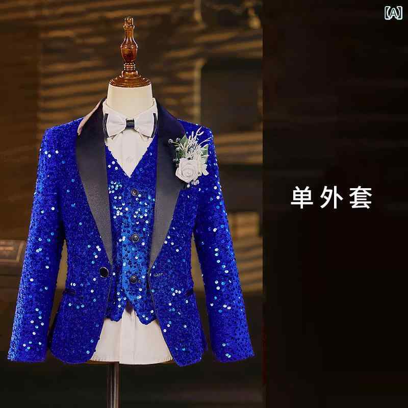 子供 男の子 西装 セット 礼服 フォーマルスーツ 学院風 宝藍色 ラメ 付属品 ポリエステル混紡 軽量 通年 通学用 パーティー用 5点セット 外套 黒パンツ ネクタイ 胸花 単排ボタン 無腰帯 8歳以上 110-180cm 対応