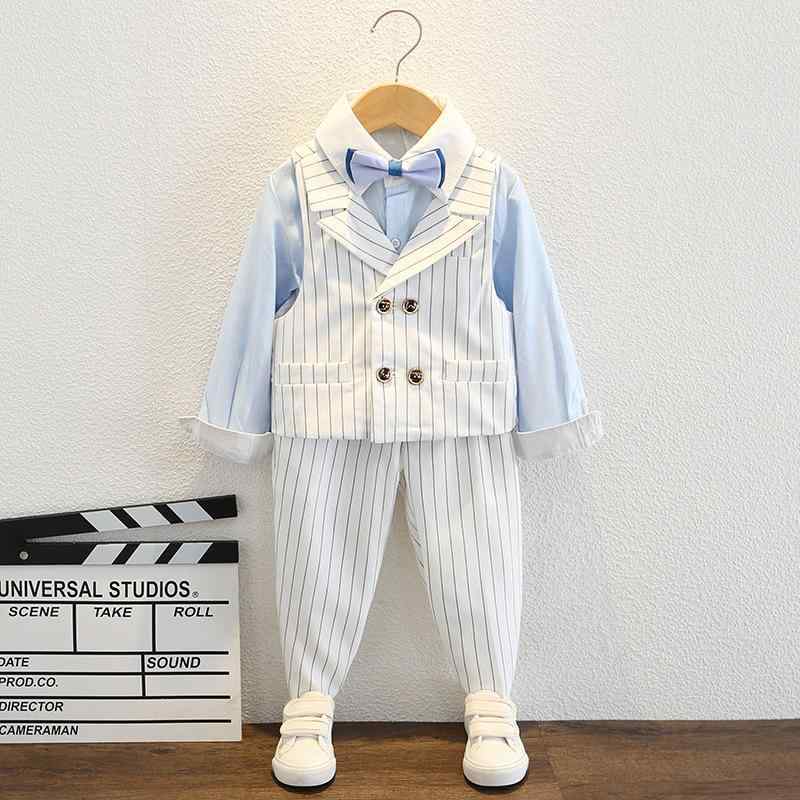 キッズ 男の子 西装 セット フォーマル スーツ 礼服 誕生日パーティー 結婚式 花婿 子供服 英倫スタイル 条紋柄 薄手 長袖 背広 ポロシャツ ベスト 長ズボン ネクタイ 接触冷感 ポリエステル 白 ブルー 春夏 軽量 通気性 伸縮性