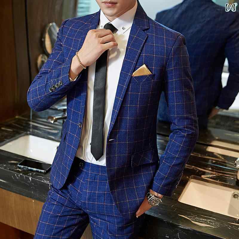 スーツ ジャケット メンズ 伴郎服 韓国風 ビジネス 修身 格子柄 カジュアル シングルブレスト フラットカラー ポリエステル 粘性繊維 70% スリムフィット ミシン明線 後ろ中開き スタンダード厚み 通年使用 ネイビー グレー ワインレッド ウェディ