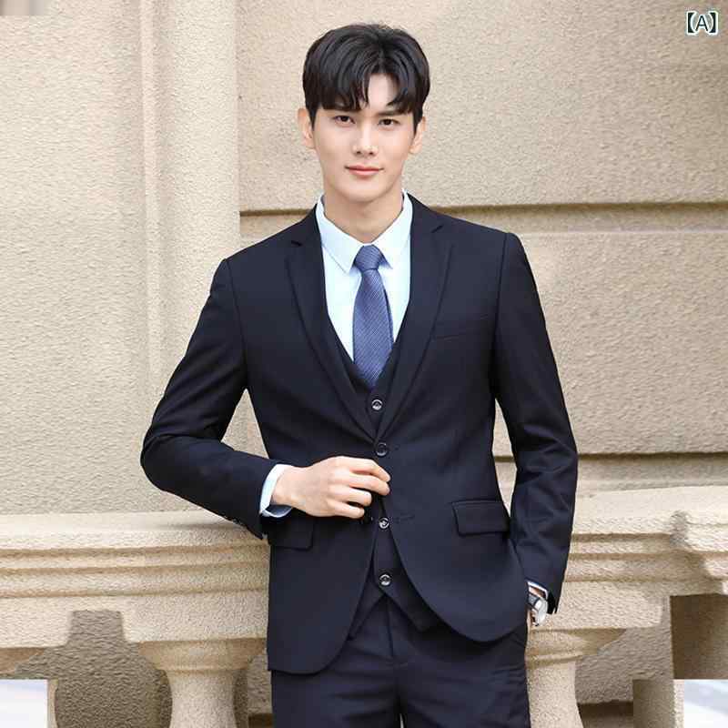 メンズ ビジネススーツ セット 修身シルエット 春秋用 吸湿速乾 ポリエステル混紡 シングルブレスト ノッチラペル サイドスリット ブラック ネイビー ジャケット トラウザーズ 通勤用 フォーマルウェア