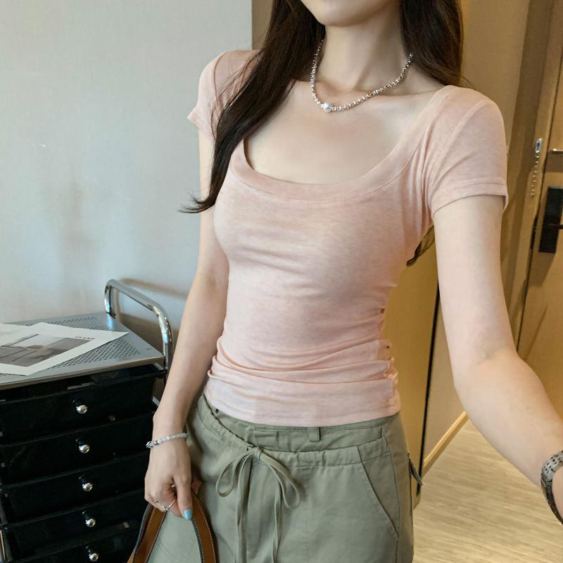 Tシャツ レディース 短袖 薄手 ピンク 黒 紺 白 Uネック 肩落ち 修身型 レイヨン繊維 羊毛混 通勤風 気質スタイル トップス 上衣 かわいい 純色 セットアップ風 春夏 吸湿速乾 軽量 伸縮性 オフィスコーデ 普段使い 女性用