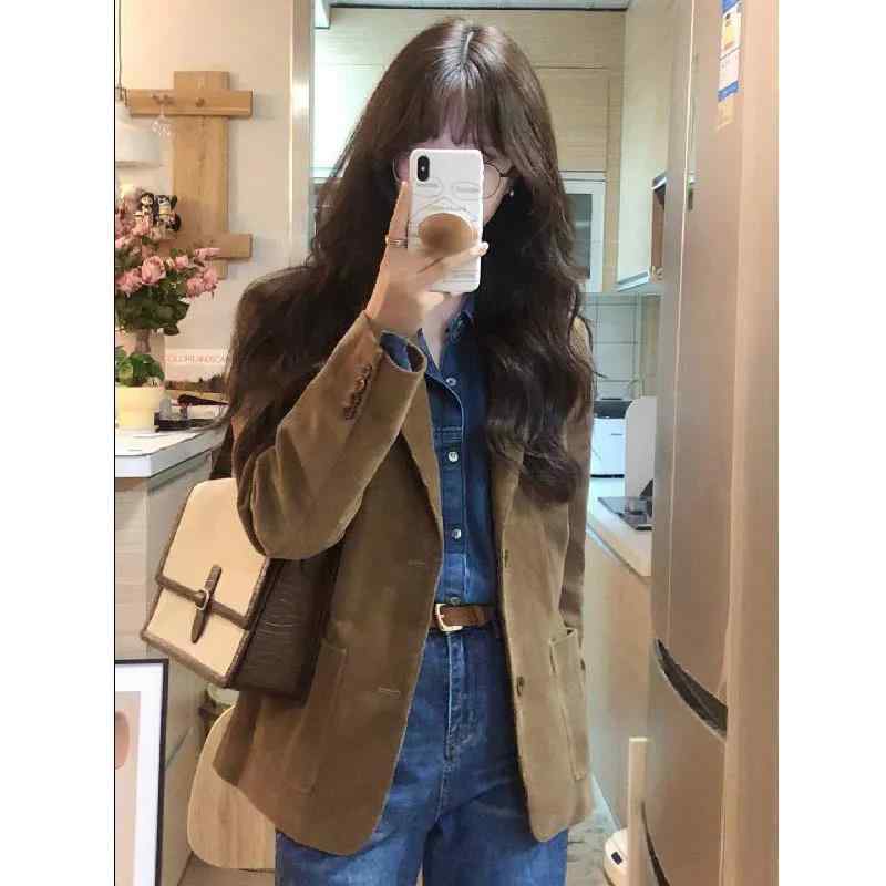 コート 女性用 秋冬 灯芯? キャメルカラー 気質 優雅 ワイドシルエット 小柄向け 長袖 西装? 単排ボタン 切り替えデザイン 伸縮性 聚?繊維 綿混 軽量 普段使い 通勤用 清新 甘め プリンセススタイル