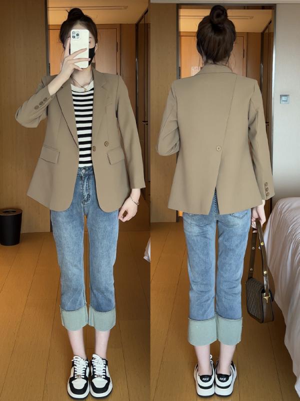 レディース 小西装 ジャケット 秋冬 通勤用 職業服 気質 スタイリッシュ 高級感 百搭 スリム 長袖 西装領 中長丈 ポケット ポリエステル ナイロン 混紡 ブラック ベージュ カーキ ブラウン ブラウン系 軽量 伸縮性 ビジネス カジュアル