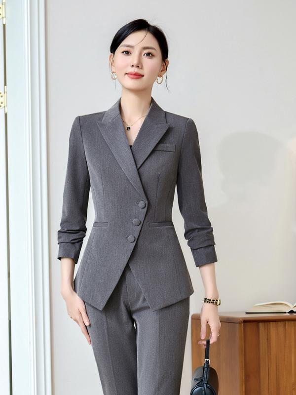 秋冬レディース 西装セット 職業服 女性用 気質 スーツ 長袖 長ズボン 膝丈スカート ブラック グレー ネイビー ポリエステル スパンデックス 混紡 ストレッチ フォーマル ビジネス 通勤 ホテル 受付 営業 事務 洗濯簡単 耐久性 シンプル 洗練 セ