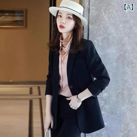 ジャケット レディース スーツ コート 女性用 秋冬 春秋 長袖 中長丈 韓国風 ゆったり ワイドシルエット 百搭 学生向け 普段使い トップス シャツ ブラウス ポリエステル 無地 シングルブレスト ボタン 切り替え デザイン 快適 軽量 ブラック 黒