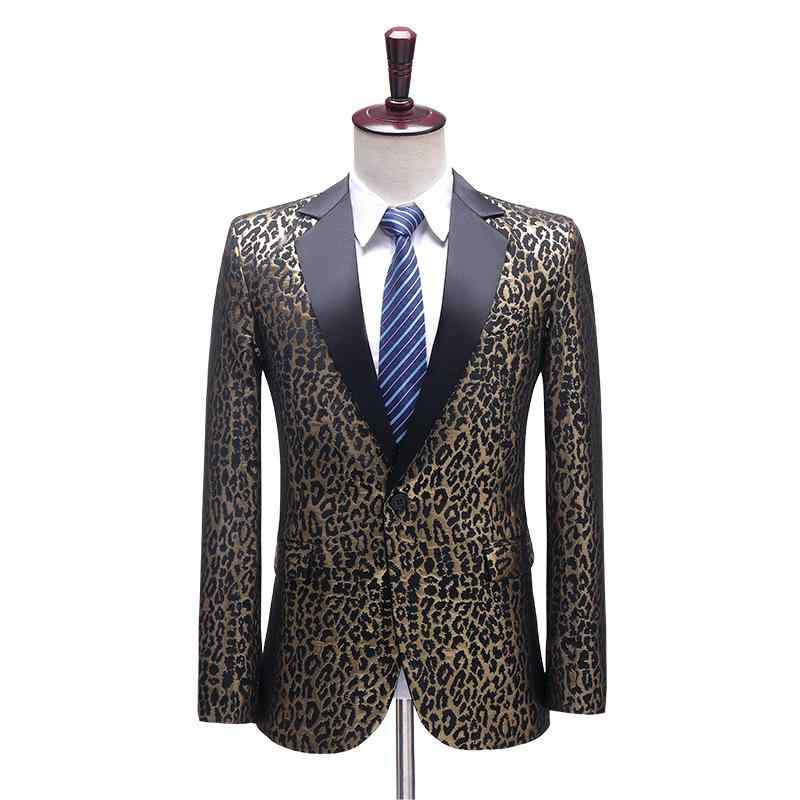 メンズ ジャケット ヒョウ柄 提花 西装 外套 司会者 礼服 演出服 歌手 ステージ 衣装 長袖 修身 韓国風 切り替え 化繊混紡 ポリエステル 後開・楷 香?色 黒金 ラウンドヘム ポケット 付き ゆったりフィット カジュアル スタイル|LiLishop6