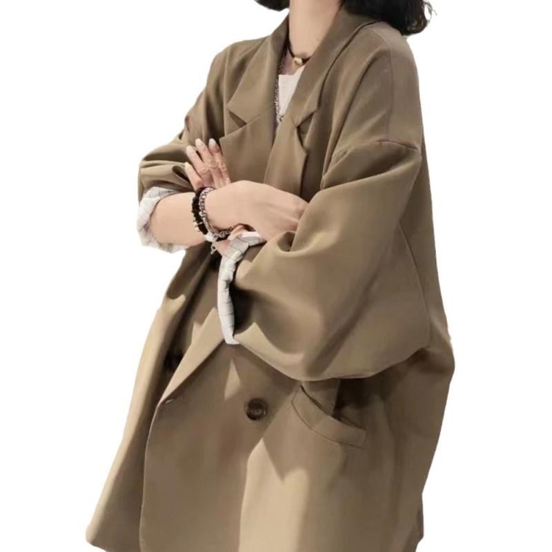 レディース ジャケット 女性用 小西装 ゆったり ルーズ フィット 無地 ソリッドカラー スーツ コート 長袖 肩パッド ダブルブレスト ボタン 付け ミドルレングス トップス シャツ ブラウス 春夏 シーズン 軽量 伸縮性 ポリエステル 混 再生繊維 ｜LiLishop6