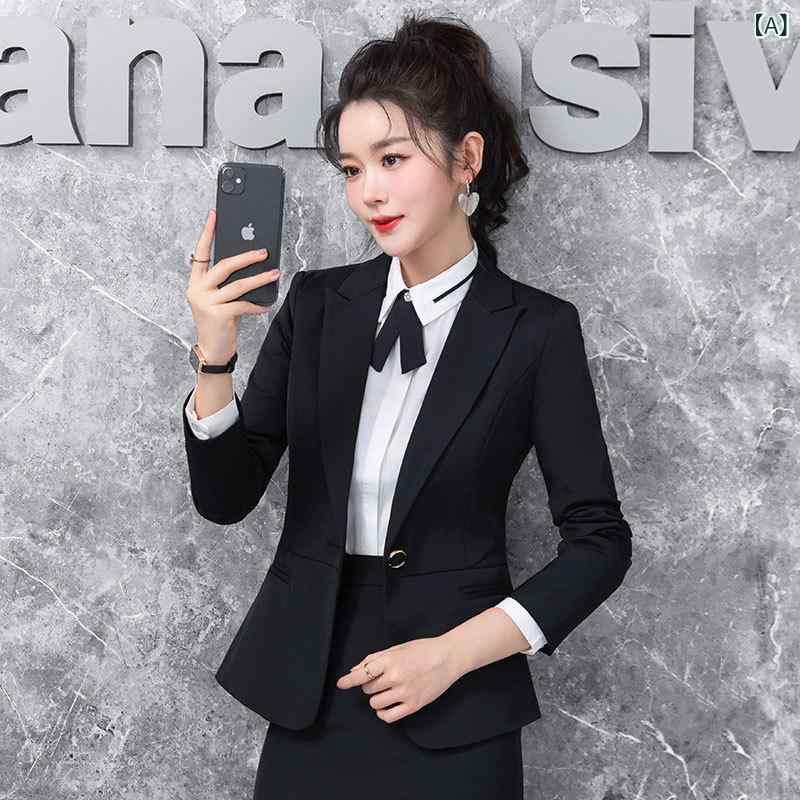 レディース 西装セット 職業服 ブラック ネイビー 修身 長袖 長ズボン スカート ブラウス ポリエステル 秋冬 通勤 銀行 販売 フォーマル セットアップ 高級感 洗練 スタイル