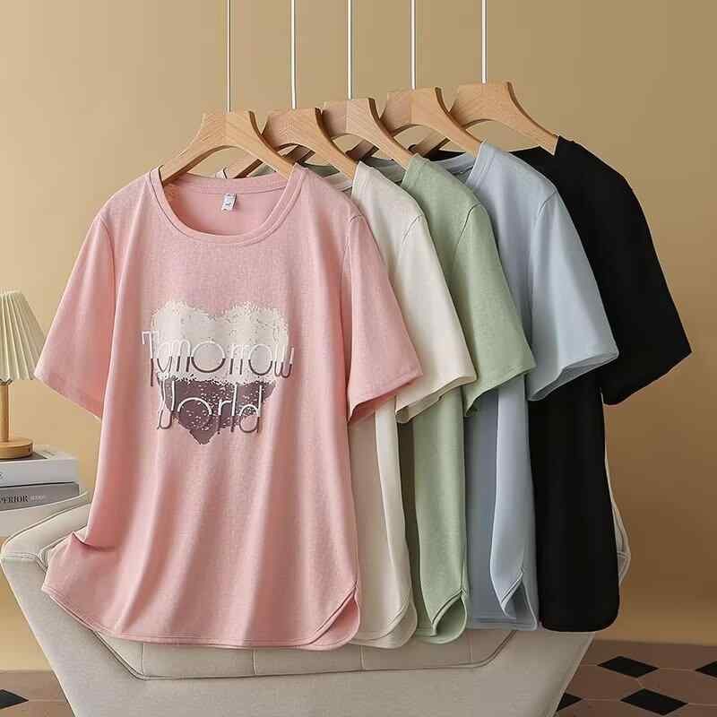 Tシャツ レディース 大きいサイズ 春 短袖 コットン インナー 切り替え プリント 丸首 セットインスリーブ ルーズフィット 黒 緑 青 ピンク ベージュ 日常使い カジュアル 快適 綿素材 軽量 通勤 デイリー トップス 女性用 ゆったり シンプル