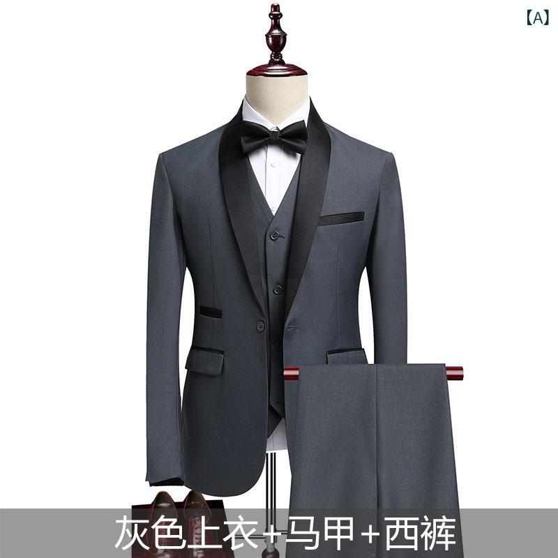 メンズ 西装 セット スーツ ジャケット ベスト ズボン 修身 スリムフィット ビジネス 結婚式 新郎 フォーマル ビジネスカジュアル ポリエステル コットン混紡 透気性 吸湿 春夏 秋冬 通年 グレー ブラック ダークレッド ネイビー ベージュ ライト