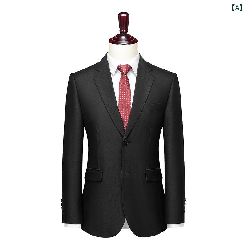 メンズ 西服 スーツ セット 修身 デザイン ウェディング タキシード 新郎 結婚式 服 軽量 ビジネス フォーマル 透気性 ノンアイロン ポリエステル 長袖 平領 シングルブレスト 2ボタン ストレートヘム マルチポケット 純色 ブラック ネイビー ブ