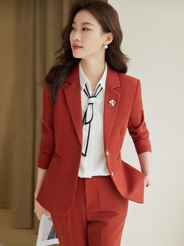 レディース 西装セット 秋冬 職業服 高級感 ポリエステル スパンデックス 伸縮性 セットアップ 長袖 長ズボン ネイビー ブラック キャラメル ブラウン ホテル マネージャー 通勤 フォーマル ビジネス 気質 エレガント セット トップス ボトムス ジ