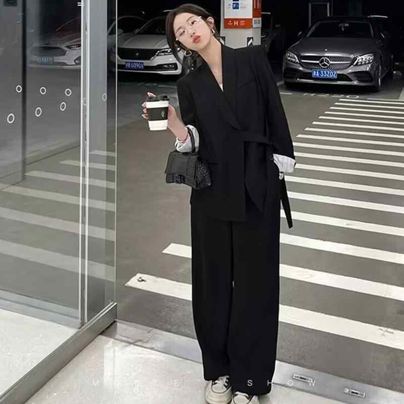 レディース 小西装 セットアップ ブラック ホワイト カーキ ピンク ワイドシルエット 長袖 西装領 シングルブレスト ポケット 切り替え ポリエステル ポリエステル繊維 ゆったり 気質 通勤 スタイル 普段使い 軽量 通年