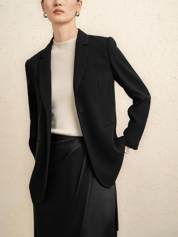 レディース ジャケット 春秋 女性用 小西装 トップス ブラウス 通勤用 気質スタイル シングルブレスト ロングスリーブ 中長丈 西装領 ポケット 切り替え デザイン 醋酸繊維 純色 ブラック グレー ブルー ホワイト 軽量 伸縮性 吸湿速乾 汎用体型