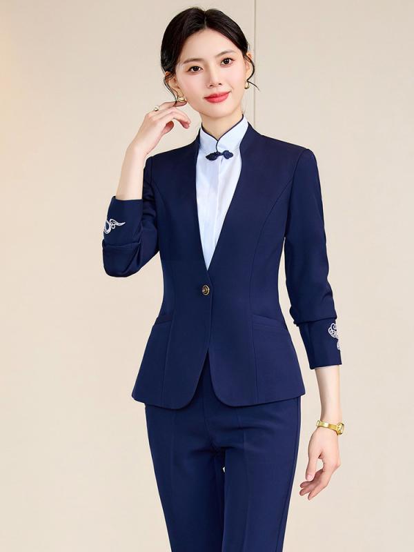 レディース 西装 セット 秋冬 職業装 仕事服 ホテル 前台 ジュエリーショップ 宝藍色 ワインレッド ブラック 長袖 長ズボン 膝丈スカート ホワイト シャツ ベスト ポリエステル スパンデックス 伸縮性 気質 優雅 フォーマル ビジネス セットアップ