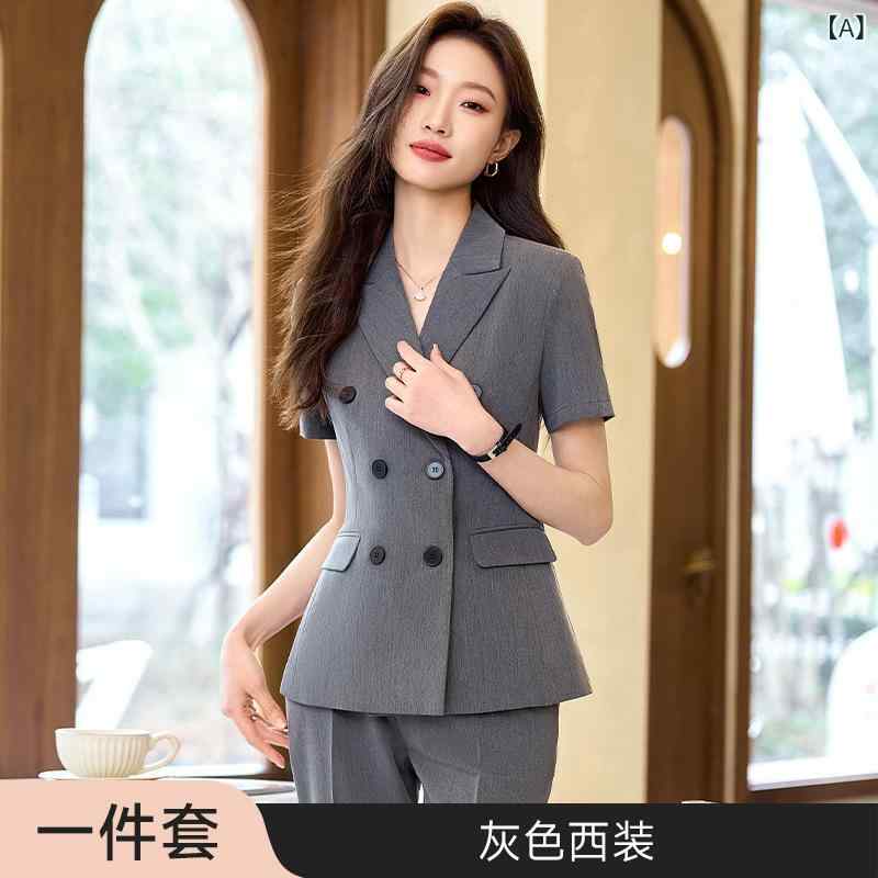 レディース スーツ セット 女性用 職場 ビジネス 服装 短袖 ジャケット 職業服 西装 外套 春夏 グレー ネイビー ブラック 長ズボン 膝丈スカート セットアップ 軽量 通勤 普段使い 吸湿速乾 ストレッチ 素材 テーラード ジャケット スリムフィッ